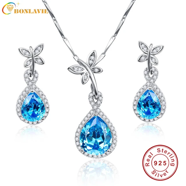 Bonlavie Blue Topaz Earring Necklace Set For Wedding Elegant Jewelry Bonlavie Blue Topaz Earring Necklace Set For Wedding Elegant Jewelry 925 Sterling Silver Chain Quality