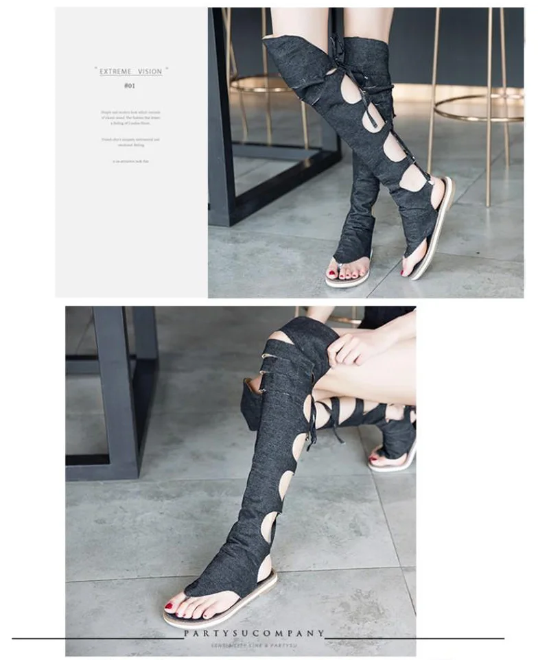 New Women's Summer Shoes Fashion Denim Knee High Women Gladiator Sandals Sexy Back Cross Tied High Top Flip Flops Beach Sandals (10)
