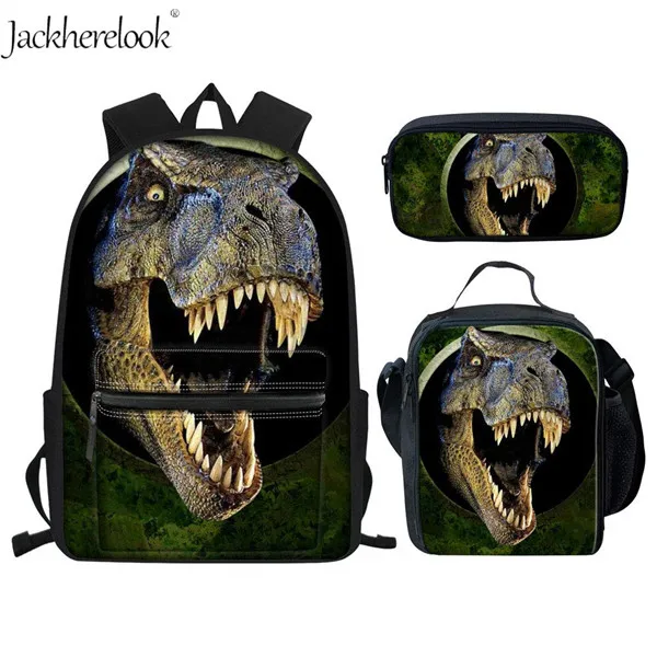 Jackhereook крутой T-rex динозавр школьные сумки комплект из 3 предметов большой холщовый рюкзак для подростков мальчиков рюкзак для студентов с коробкой для ланча пенал - Цвет: W041Z58-G-K