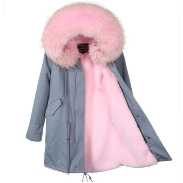 Cheap  Plus Size Long Real Raccoon Fur Collar Hood Faux Fur Linner Winter Parka Outwear 2 in 1 Detachable Lining Winter Jacket