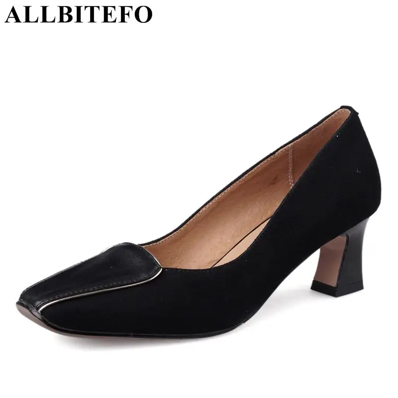

ALLBITEFO genuine leather women heels middle heels shoes square toe office ladies fashion formal comfortable shoes woman