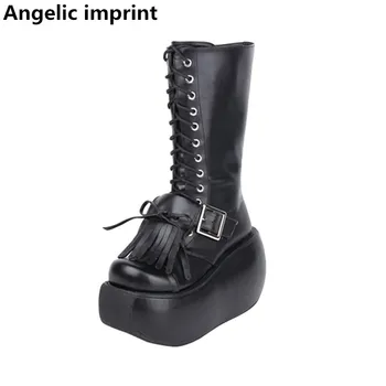 

Angelic imprint mori girl Women punk motorcycle boots lady lolita Boots woman high trifle heel wedges pumps shoes 10cm fringe