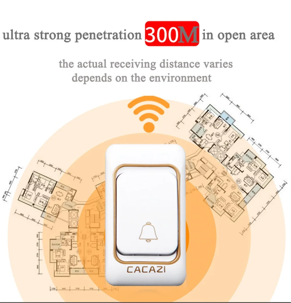 CACAZI дверной звонок беспроводной водонепроницаемый 110-220 в 200 м Рабочий диапазон беспроводной дверной звонок 36 Колец 4 громкости дверной
