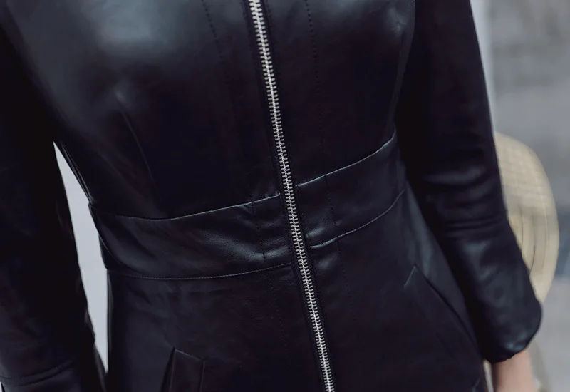 Black Zipper Sheath V Neck Long Sleeve Synthetic Leather Bodycon Dress