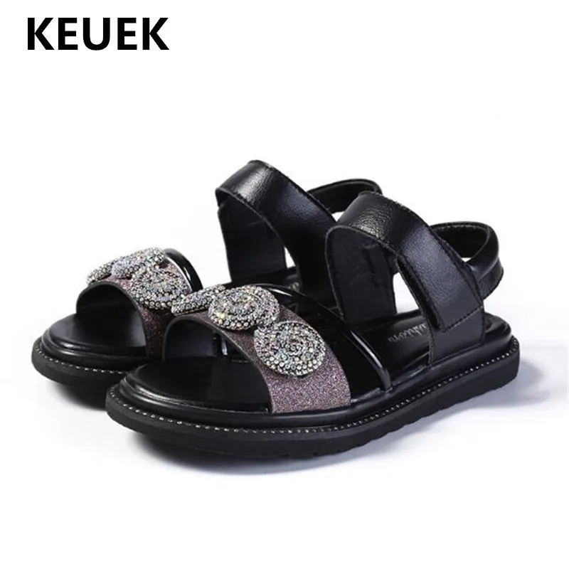 

New Children Genuine Leather Sandals Princess Summer Girls Student Rhinestone Gladiator Flat Beach Shoes Kids Baby Toddler 02