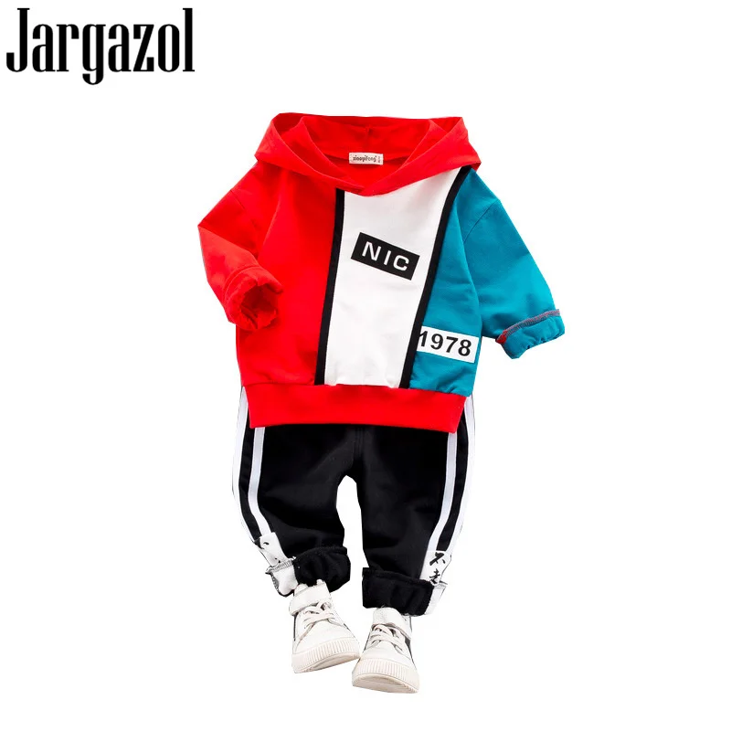 

Kids Clothing Set Fashion Korean Letter Printed Hooded Sweatshirt&pants Boys Clothes Toddler Girls Fall Outfits Blue Patchwork