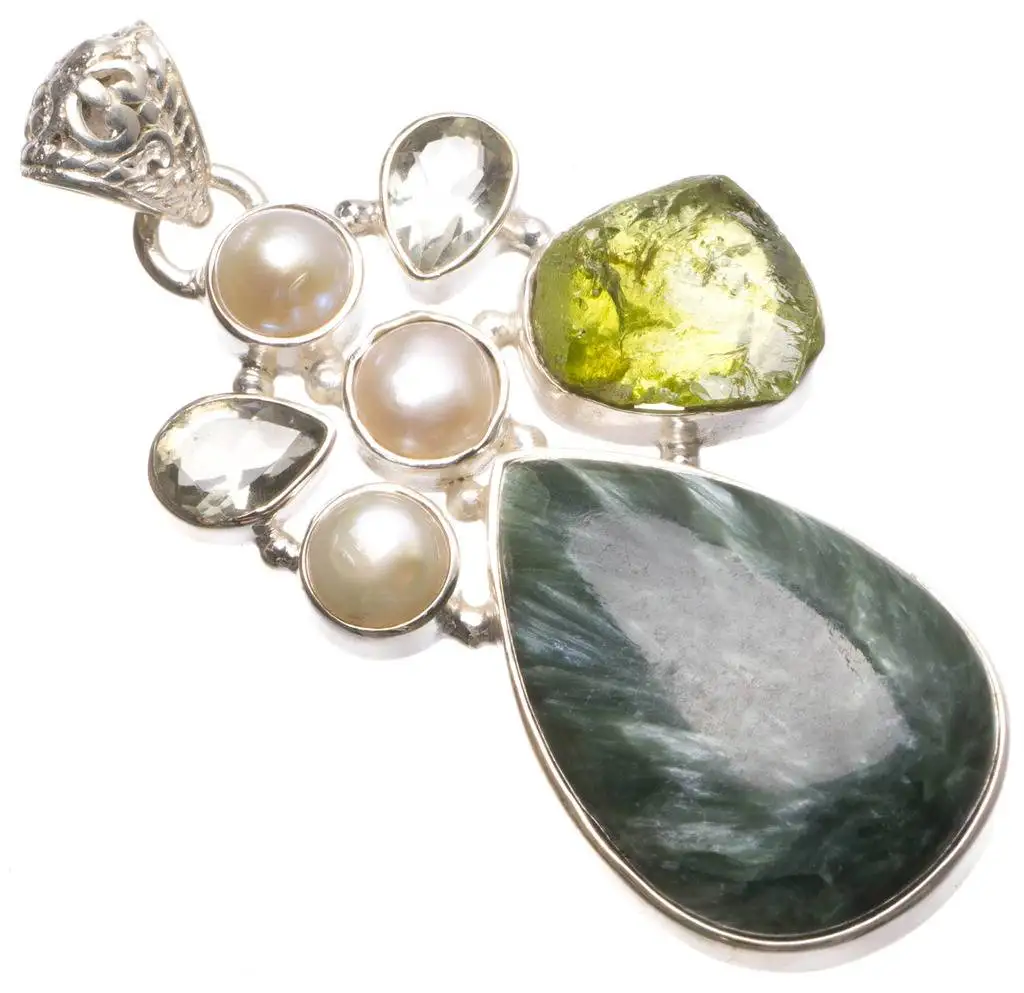 

Natural Seraphinite,Peridot,Green Amethyst River Pearl Vintage 925 Sterling Silver Pendant 2 1/4" U0270