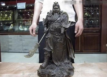 

wholesale factory 19 Chinese Bronze Copper Guan Gong GuanYu Dragon Hold Sword Warrior God Statue 25% off