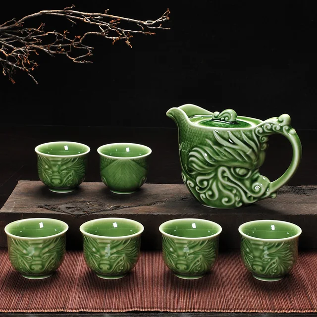 Special Price handcarved dragon relief Chinese longquan celadon tea set porcelain tea pot cups ceramic pot with infuser china pot of tea green