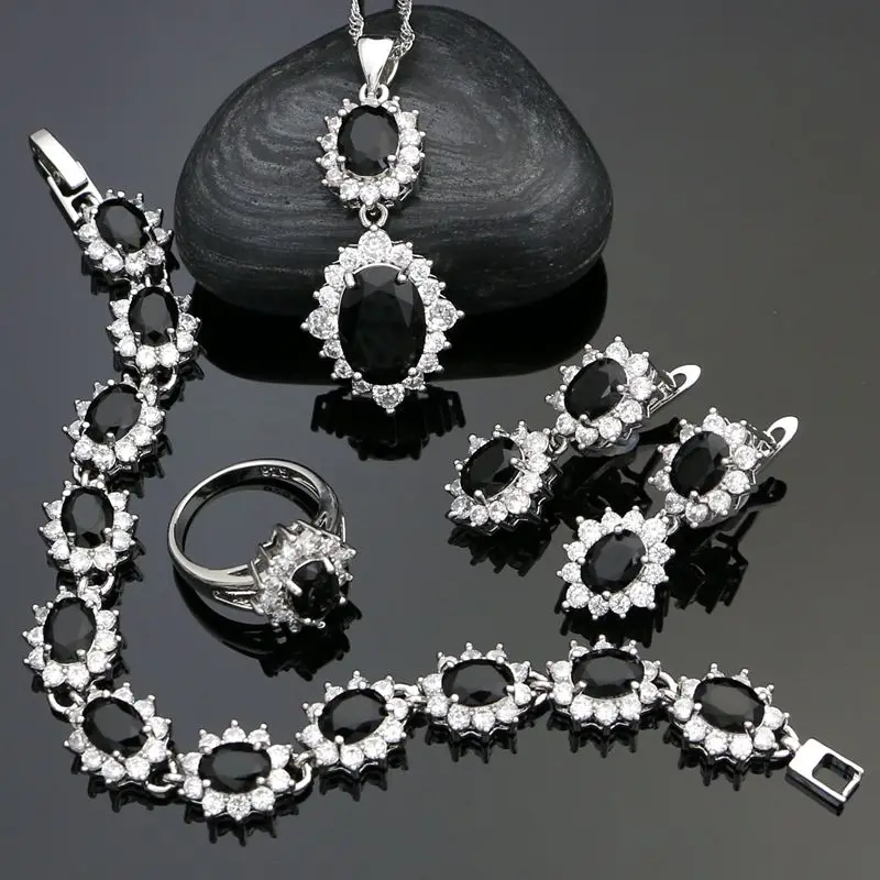 

Punk 925 Sterling Silver Party Jewelry Sets For Women White Black Cubic Zirconia Earrings/Pendant/Necklace/Ring/Bracelet Set