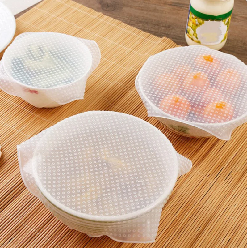 

3 Sizes 4pcs Reusable Silicone Food Fresh Keeping Stretch Wrap Seal Film Bowl Cover Home Storage and Organization Kitchen Tools