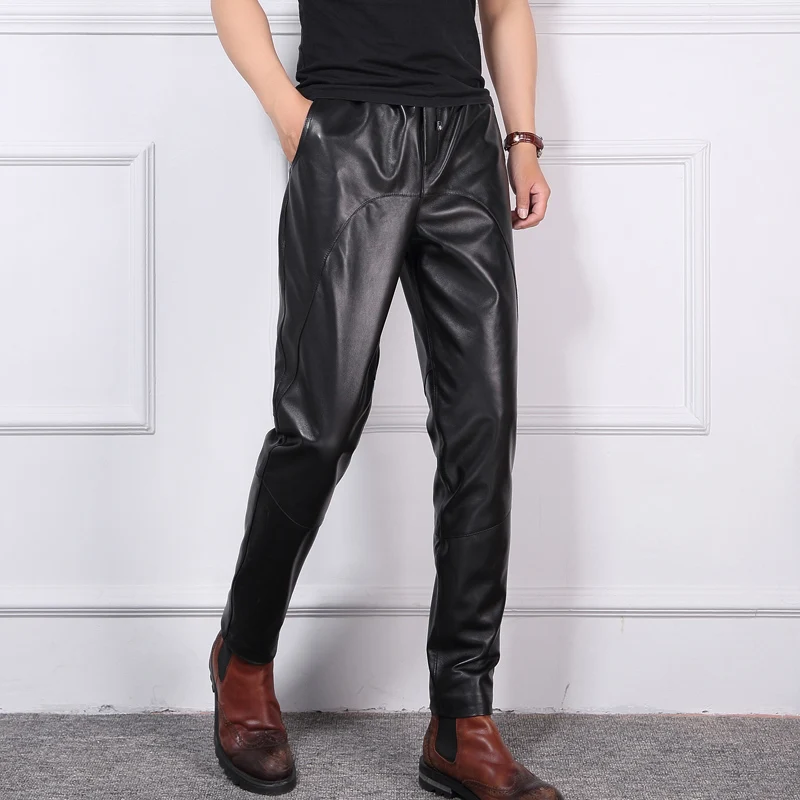Мужские брюки из натуральной овчины, корейская мода, локомотив, кожаные штаны-шаровары с эластичной резинкой на талии