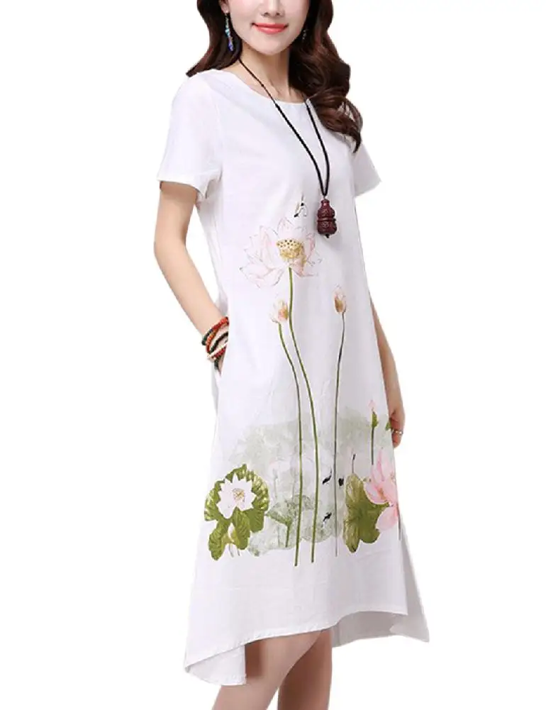 

2019 New Yfashion Women National Style Ink Painting Printing Dress All-match Casual Dress