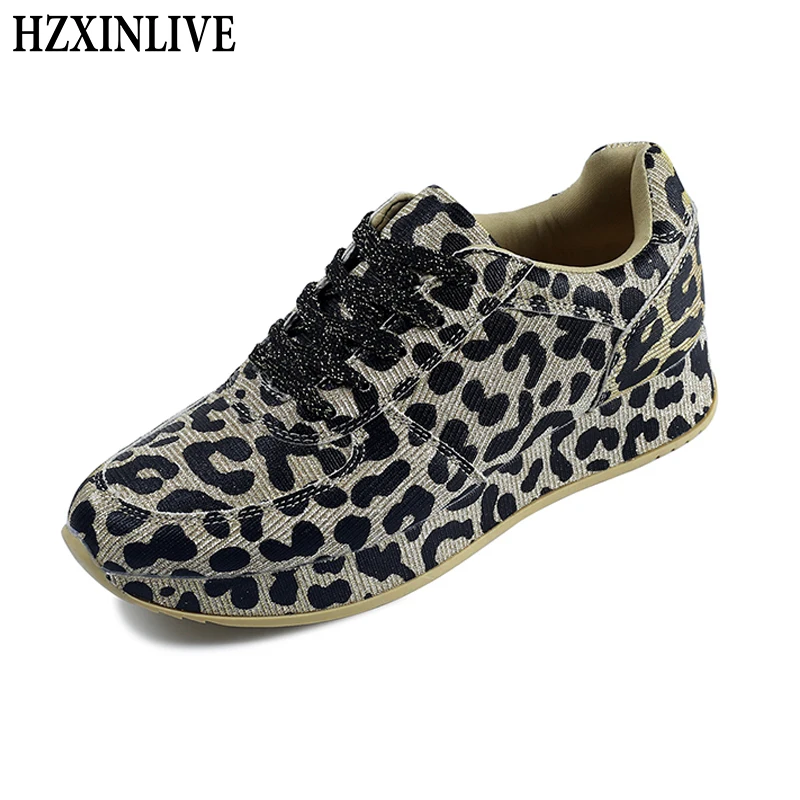 

HZXINLIVE 2019 New Spring Women Casual Shoes Sneakers Lace-Up Leopard Print Sewing Gold Woman Sexy Flats Sneakers Zapatos Mujer