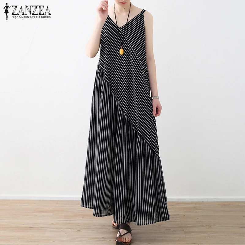 

2019 ZANZEA Summer Women Sleeveless Loose Chiffon Striped Jumpsuits Casual Patchwork Flare Rompers Long Wide Leg Pants Overalls