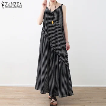 

2020 ZANZEA Summer Women Sleeveless Loose Chiffon Striped Jumpsuits Casual Patchwork Flare Rompers Long Wide Leg Pants Overalls