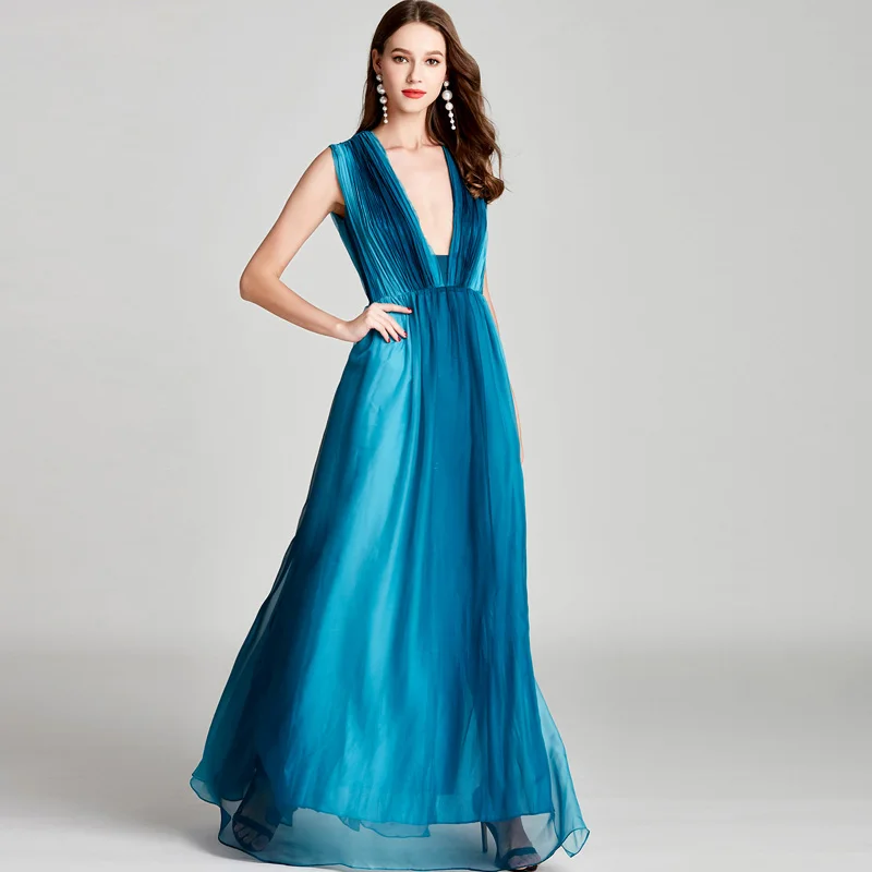

New Arrival 2019 Women's Sexy Low V Back Sleeveless Faded Color Ruched Fashion Floor Length Prom Dresses Party Foral Dressses