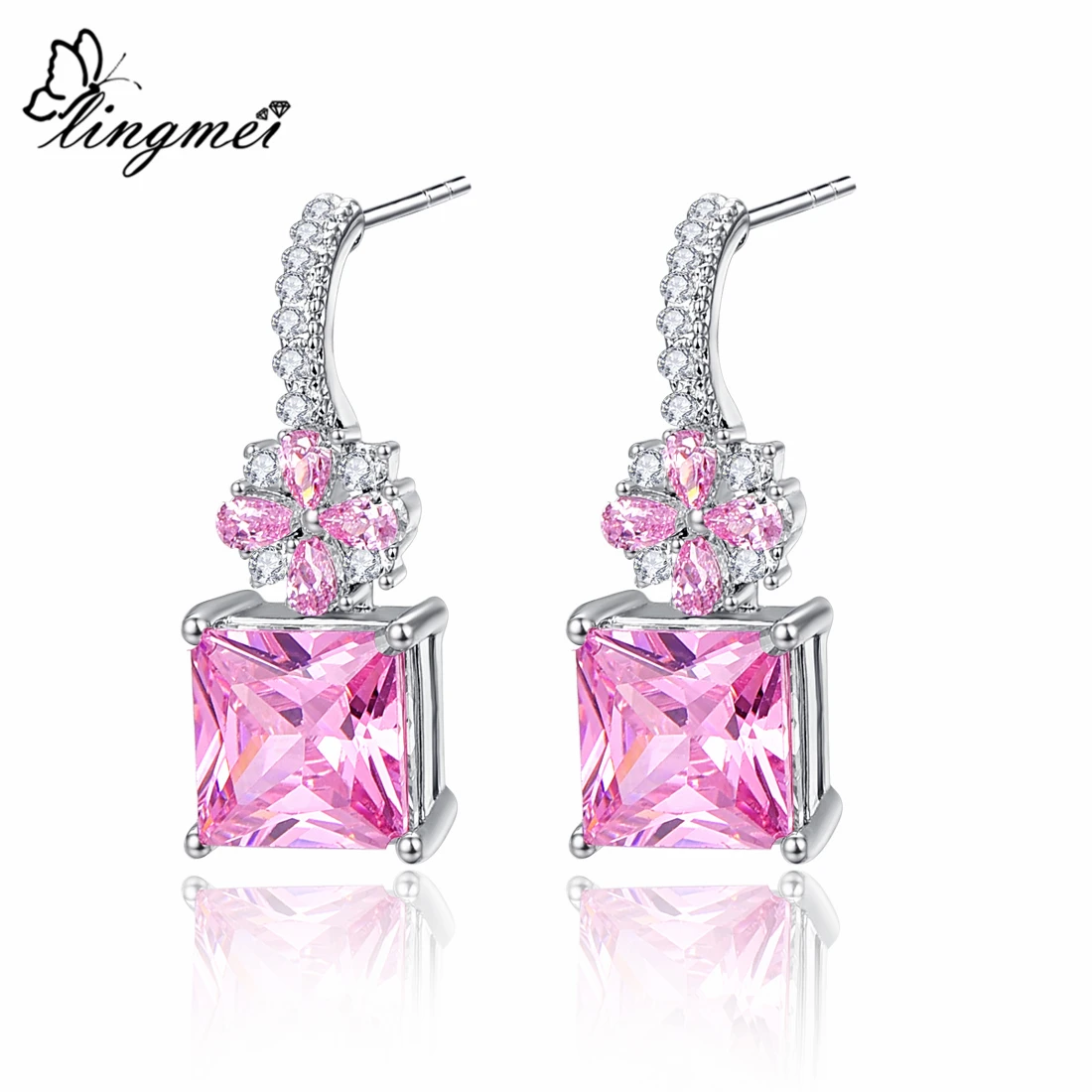

Lingmei Wedding Bridal Princess Cut Pink & White Cubic Zircon Silver Dangle Drop Earrings Flower Engagement Jewelry Girls Gift