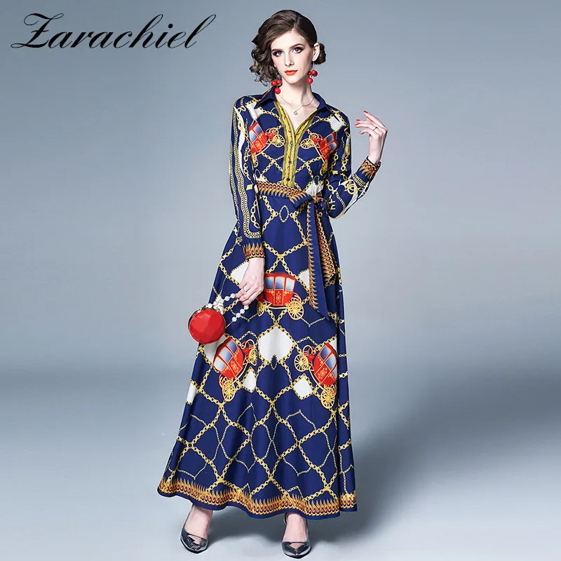 

Fashion Designer Ankle-Length Maxi Dress 2019 Fall Women Long Sleeve Single-Breasted Chain Carriage Print Long Dress With Belt