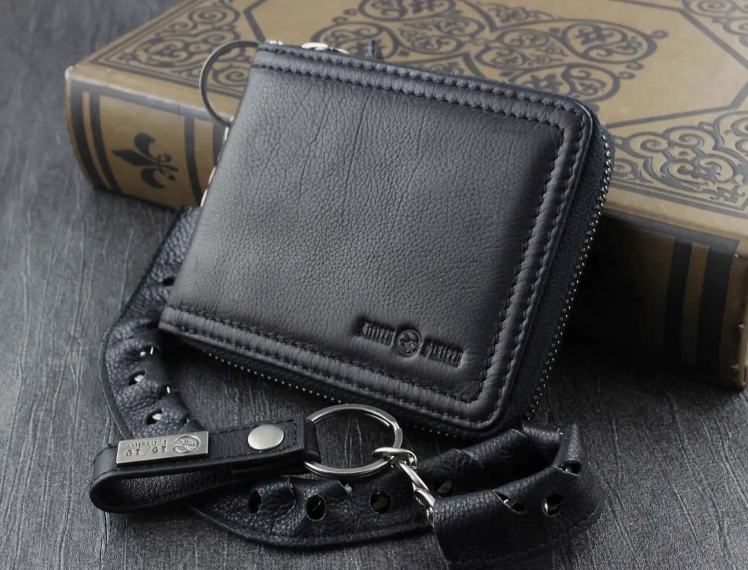 

Biker Motorcycle Men Genuine Leather Zipper Money Card Wallet With Chain Black