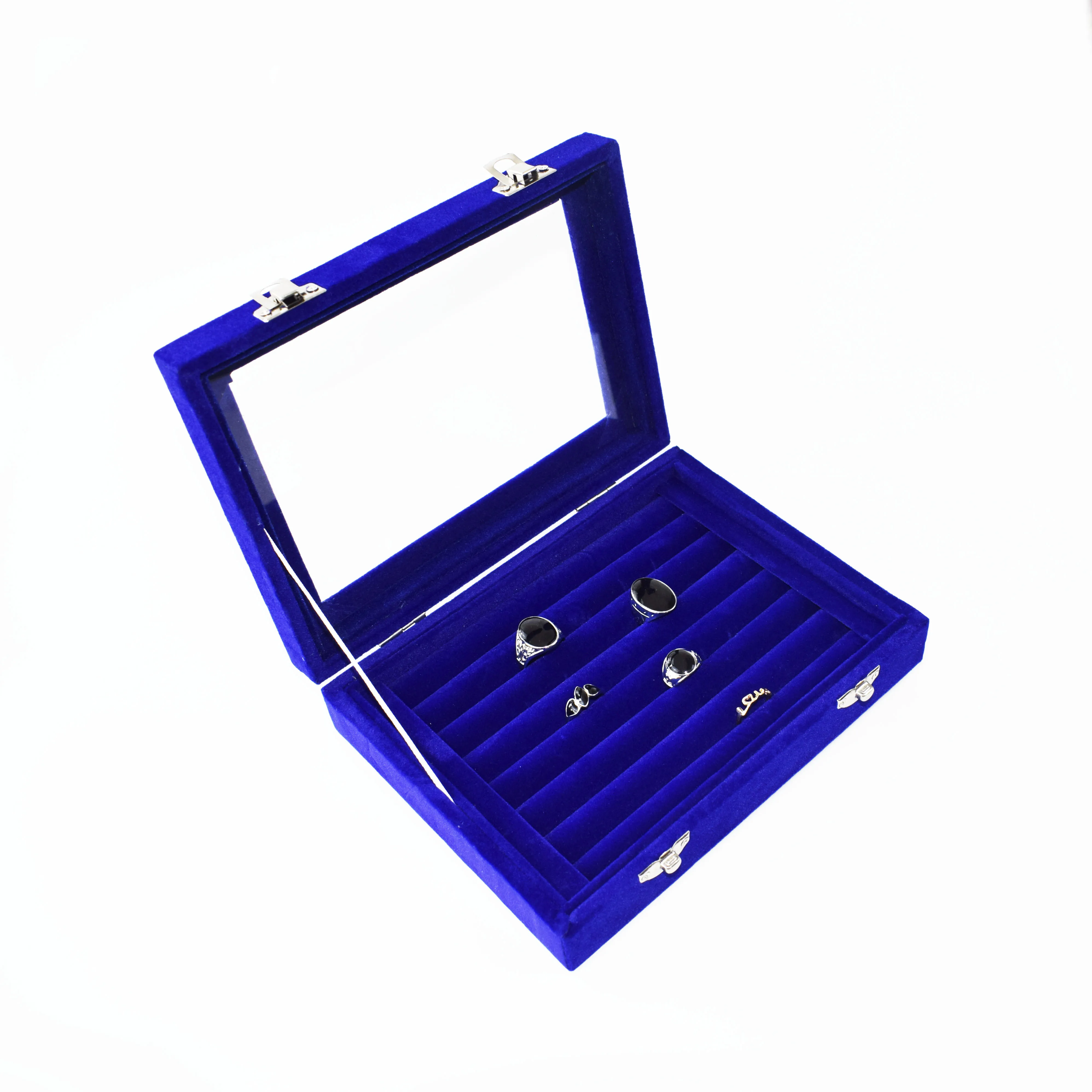 SZanbana синий 7 слотов бархат Дисплей Чехол коробка серьги кольцо Органайзер ювелирные изделия лоток запонки витрина для хранения с прозрачной стеклянной крышкой