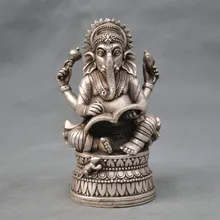 " Китай Серебро Бронза Буддизм Слон Ганеша Бог богатства Статуя 001