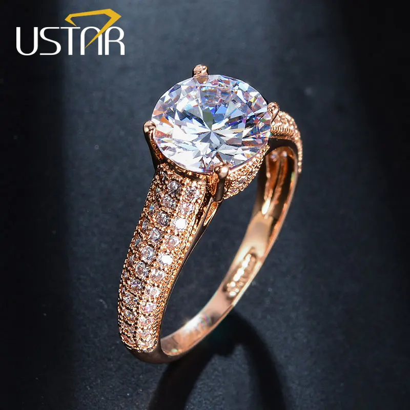 USTAR 1.25ct 7mm AAA Zircon wedding Rings for women Jewelry Rose Gold color Crystals engagement rings female Anel top quality