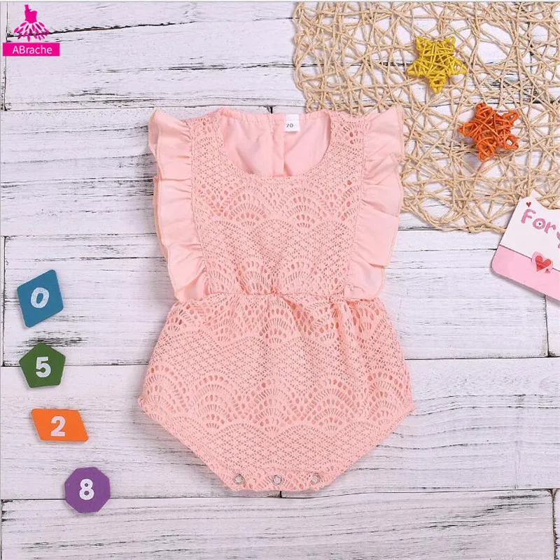

Abrache Baby Rompers Jumpsuit Girls Solid Color Lace Sleeveless O-Neck Pink Jumpsuit Summer Infant Outfits New Born Baby Clothes