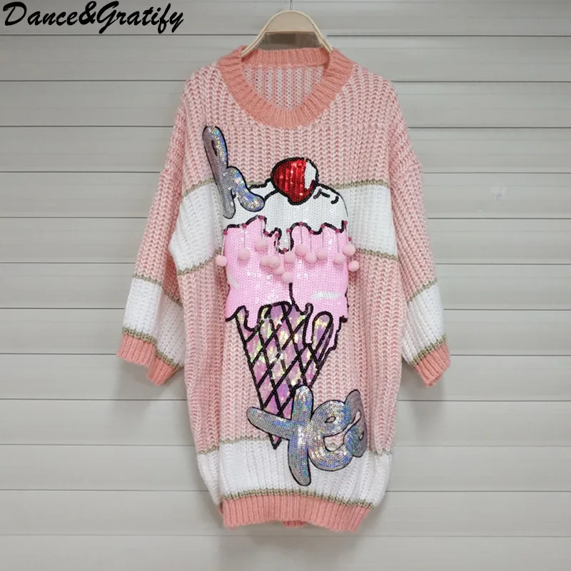 Pink Sequins Ice Cream Knit Sweater Women Beading Ball Street Loose Pullover Clothing Autumn Winter Chic Clothing