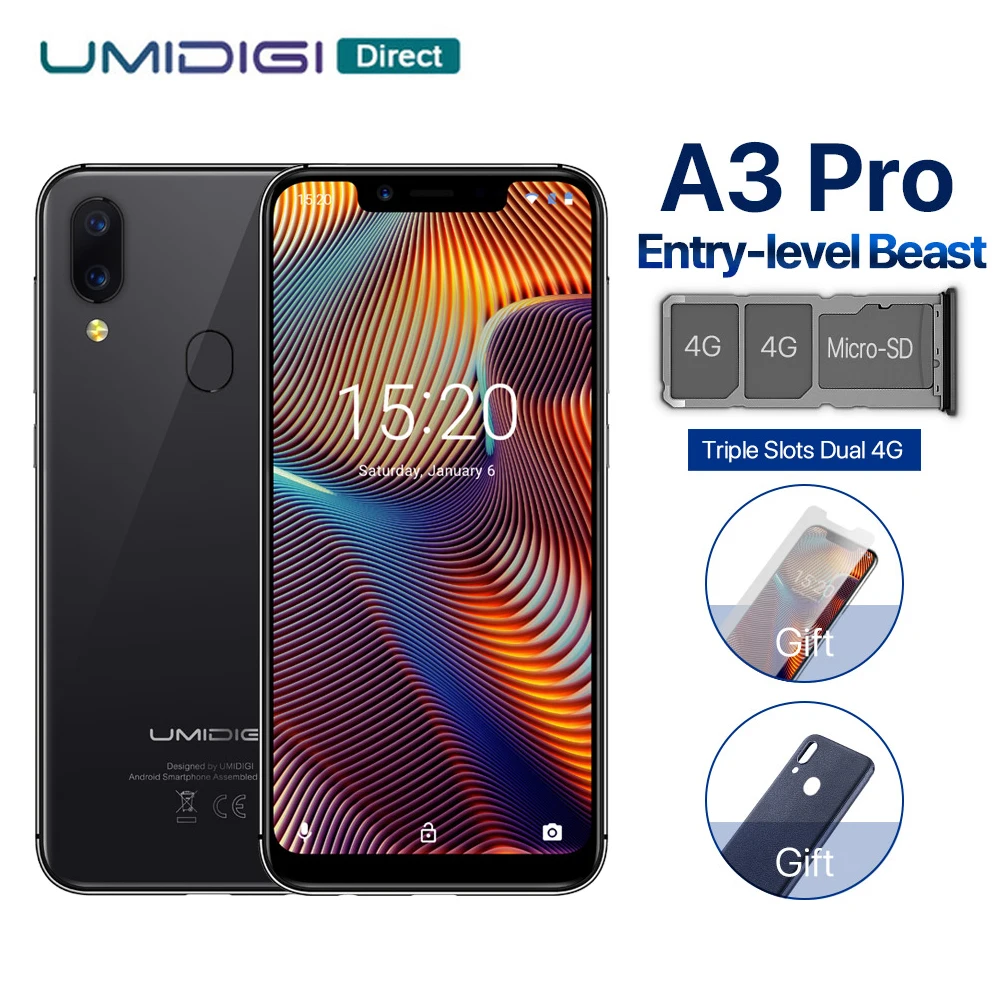 UMIDIGI A3 Pro глобальная лента Android 8,1 5," 19:9 полноэкранный смартфон, 3 Гб оперативной памяти, 32 Гб встроенной памяти, Quad core 12MP 5MP Face ID Dual core 4 аппарат не привязан к оператору сотовой связи для мобильного телефона