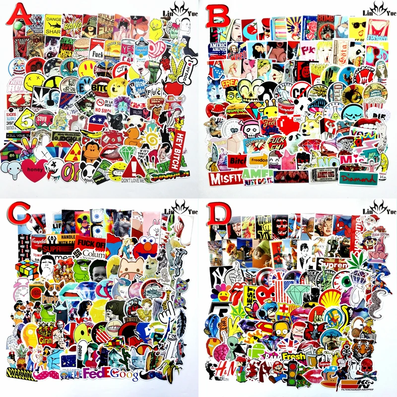 100pcs x6 NO repeat waterproof stickers for Home decor Travel Suitcase Wall Bike fridge Sliding Plate Car Styling sticker emoji