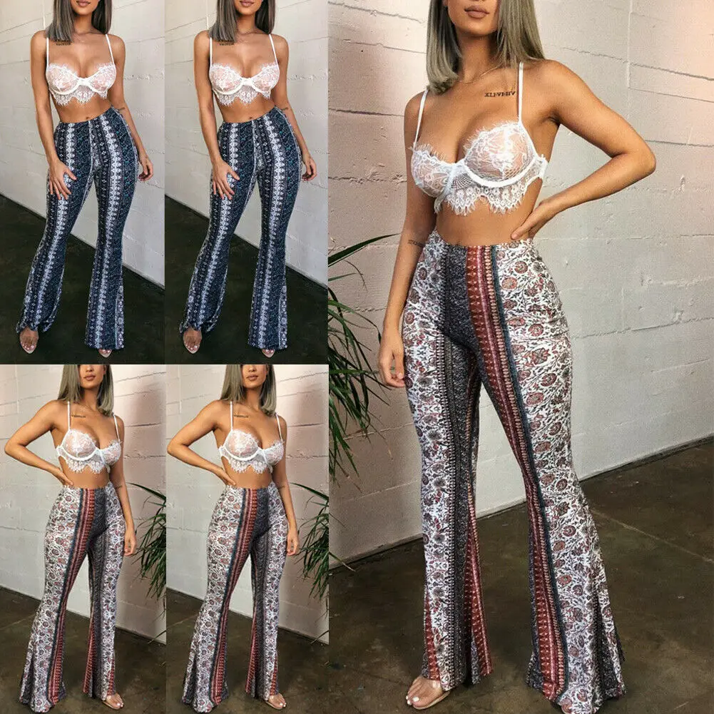 

Women High Waist Print Slim Pants Flare Boot Leg Cut Stretch Bottom Lounge Jogger 2019 Summer New