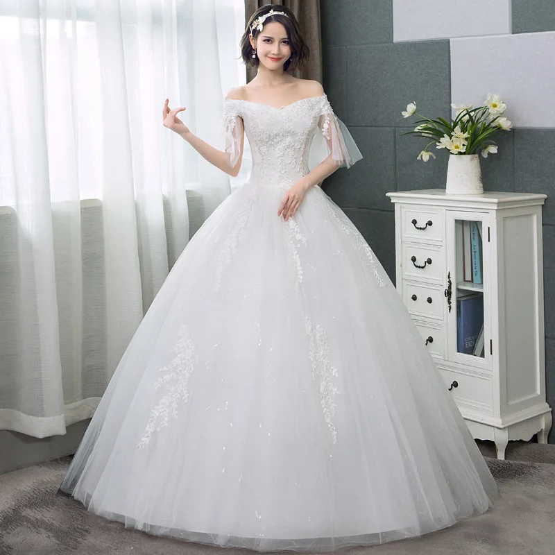 Vestidos De Novia, элегантные свадебные платья с бисером, v-образный вырез, с открытыми плечами, с аппликацией, бальное платье, белые свадебные платья из фатина, Jurk Lang