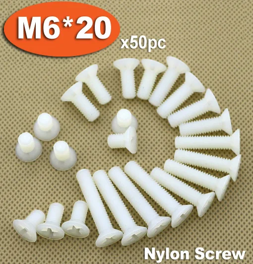 

50pcs DIN965 M6 x 20 White Plastic Nylon Screw Cross Recessed Countersunk Flat Head Screws