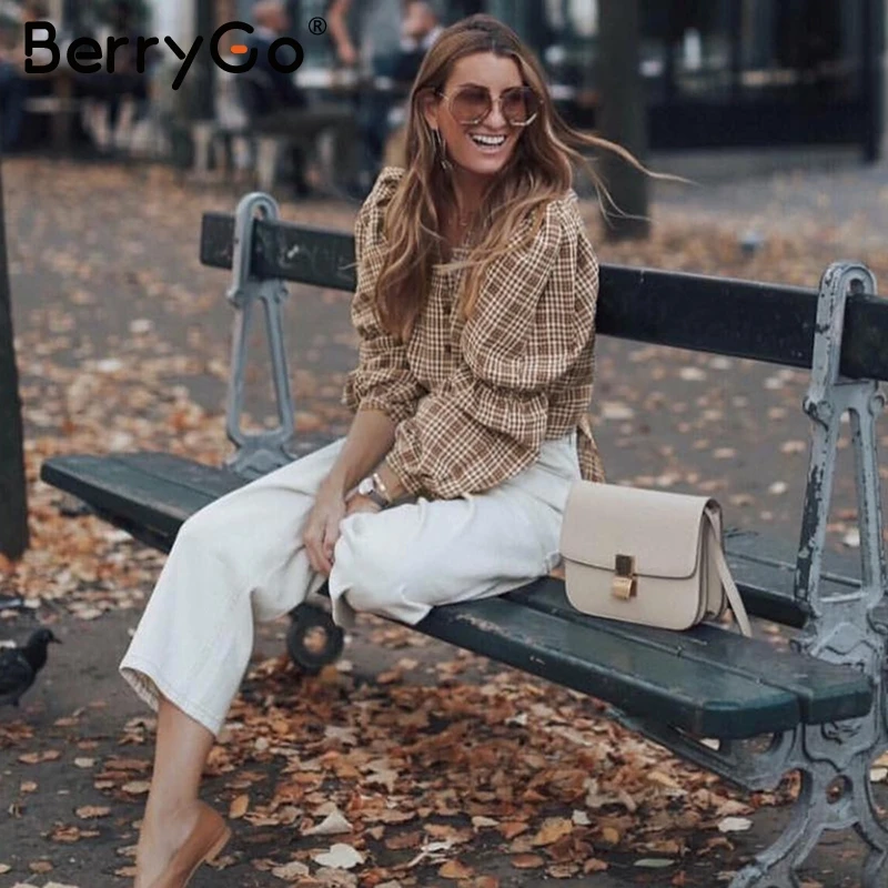 BerryGo Vintage клетчатая рубашка женская sexy блузка спинка зашнуровать женский топ