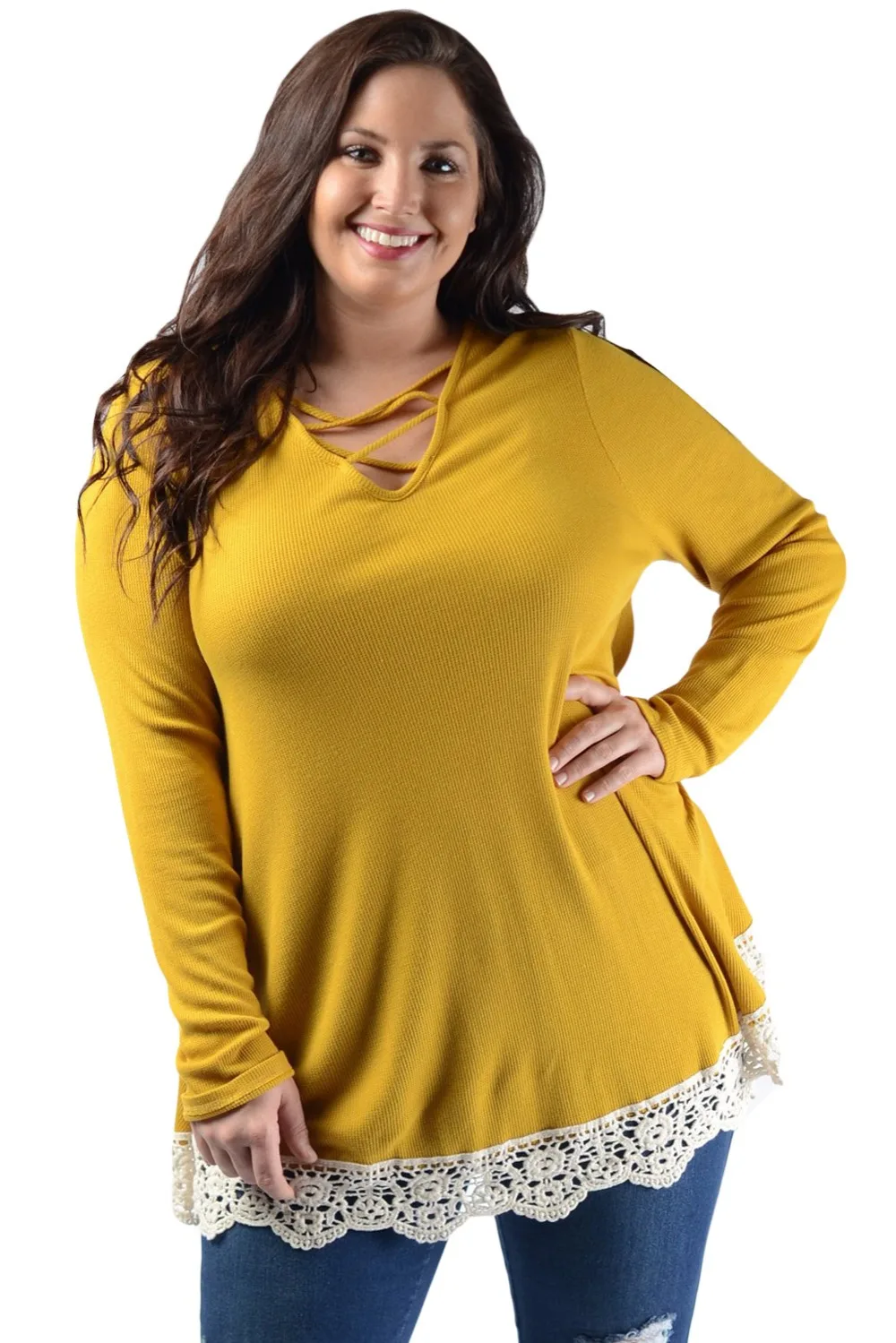 Yellow-Crisscross-Crochet-Hem-V-Neck-Plus-Size-Top-LC251151-7-1