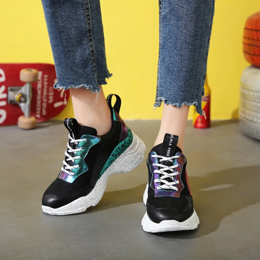 

Female platform 2019 spring Harajuku women's shoes muffin thick-soled old casual shoes hit color shoes.