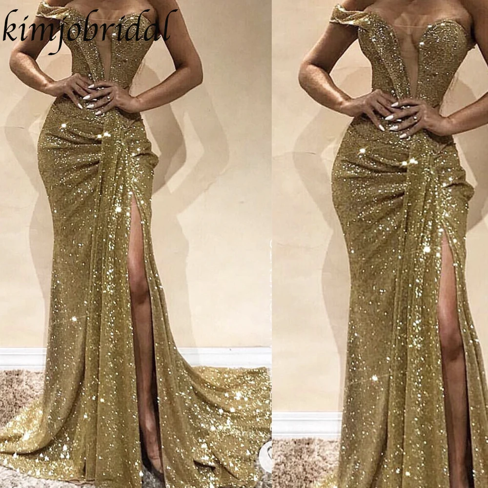 

Prom Dresses 2019 Sequins One Shoulder Mermaid Side Slit Gold Court Train Evening Gowns Wedding Guest Dresses Arabic