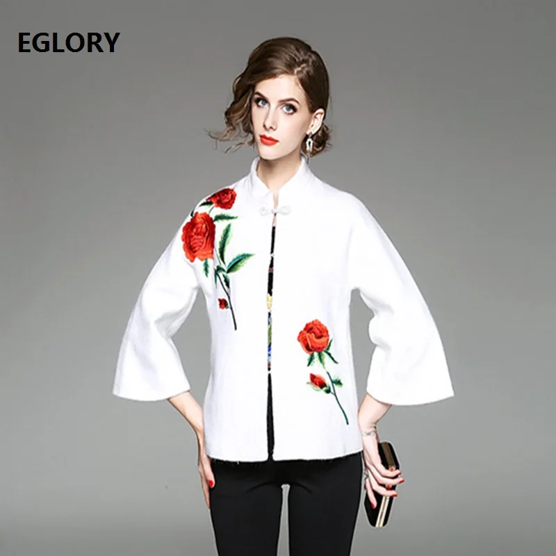 

Top Quality Designer Coat Jacket 2018 Autumn Winter Wool Jacket Women Luxurious Embroidery Solid White Black Woolen Coat Female