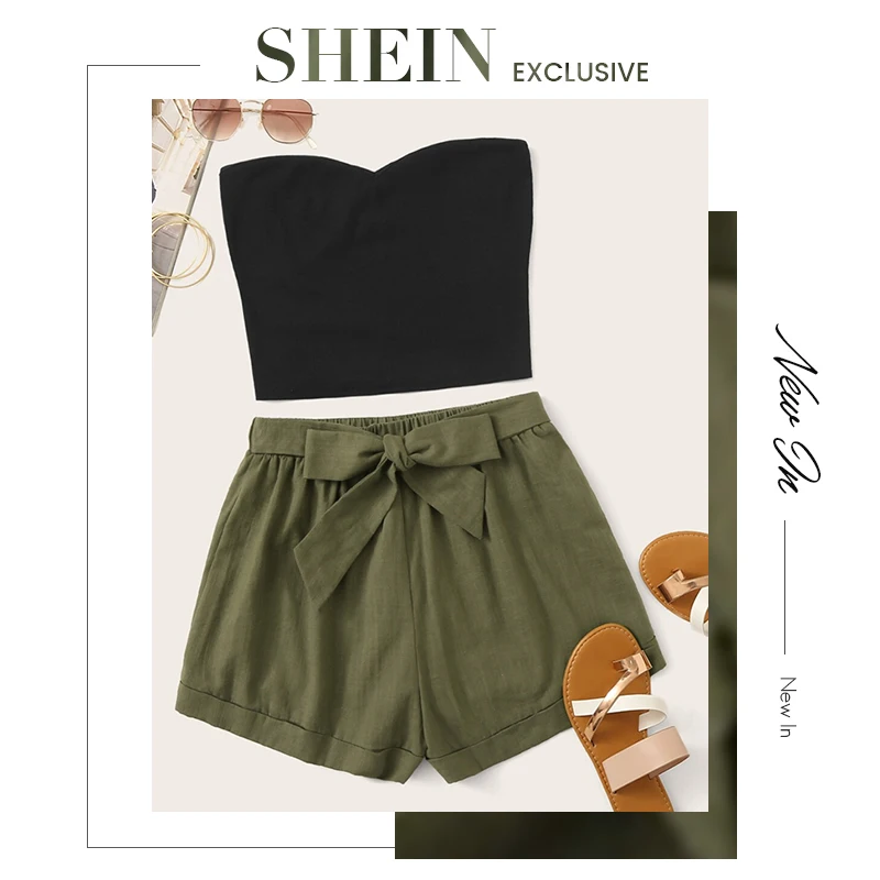 SHEIN, однотонный топ-труба и шорты с поясом, набор,, Повседневный, летний, без бретелек, без рукавов, бандо, прямой, Женский комплект из двух предметов