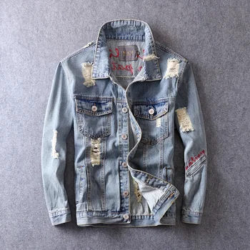 

Fashion Streetwear Men Jackets Embroidery Designer Ripped Coats Destroyed Casual Outwear Retro Blue Hip Hop Denim Jackets Men