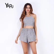 Summer Europe and the United States stripe cotton linen back short paragraph sleeveless jacket shorts two sets of fashion suit