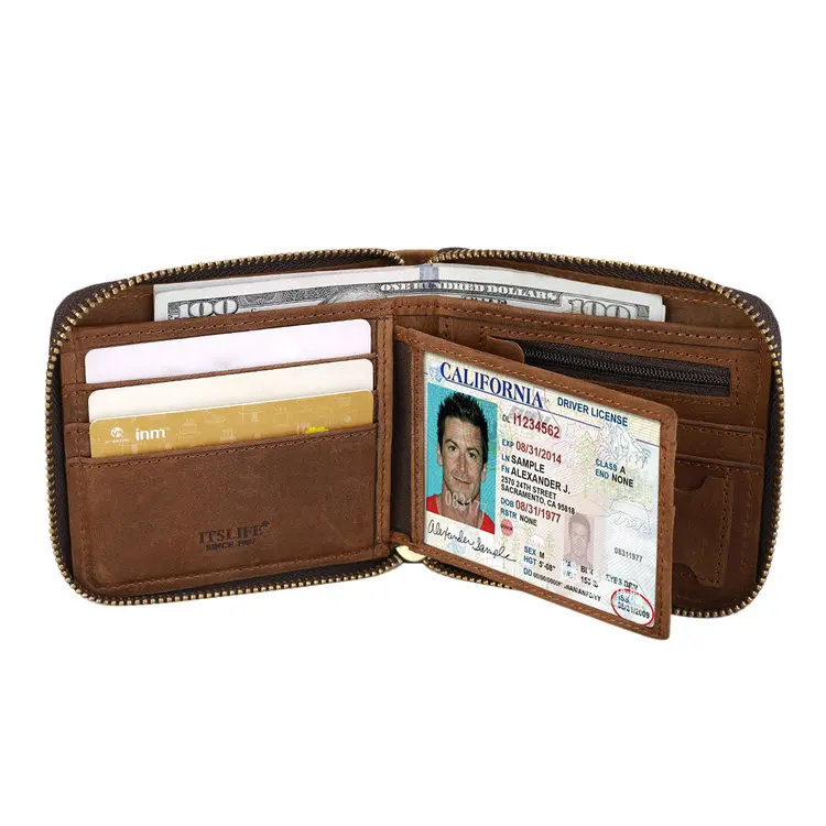 Мужской кожаный бумажник Crazy Horse, коричневый, короткий, на молнии, вокруг визиток, портмоне, кошелек в ковбойском стиле, кошелек из натуральной кожи