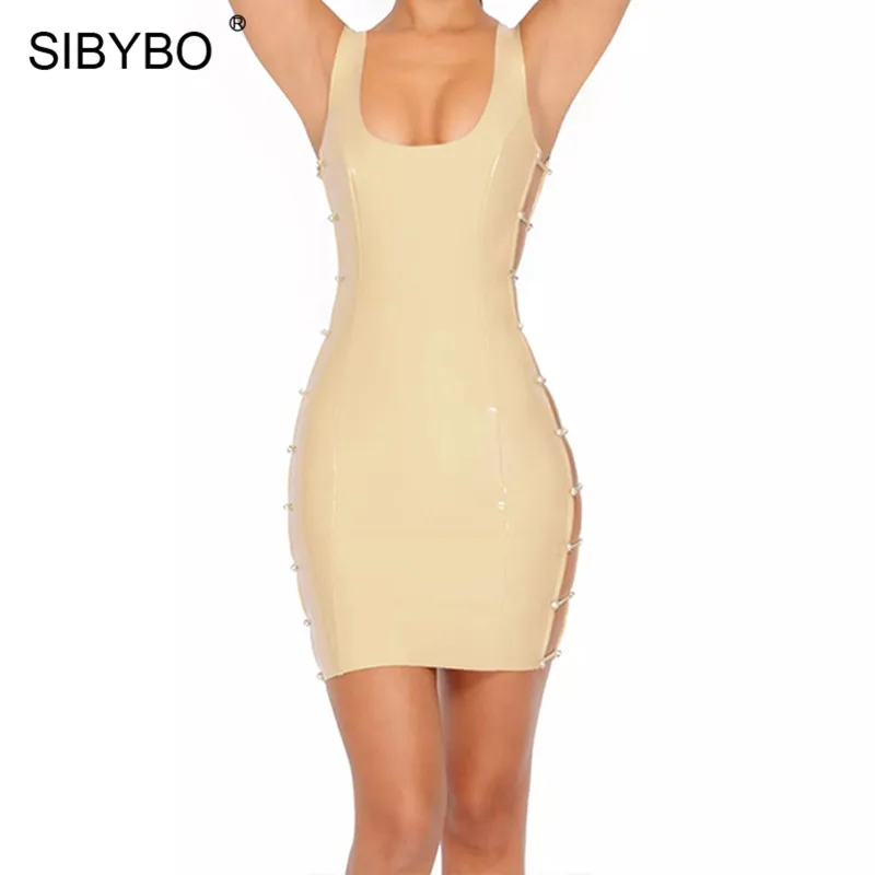 SIBYBO, сексуальное летнее женское платье из искусственной кожи, новинка, модное мини платье на бретелях без рукавов с круглым вырезом, Клубные вечерние платья, короткие - Цвет: As Shown