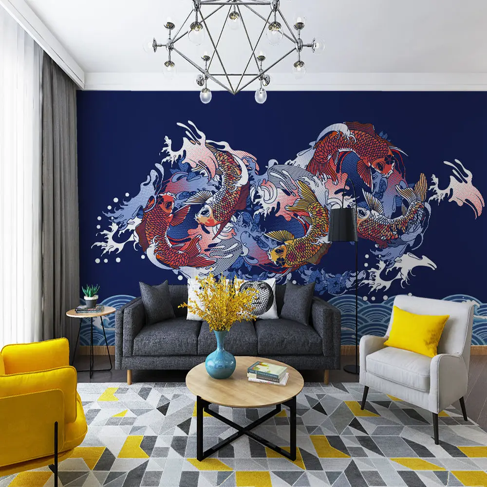 Custom wallpaper Chinese style fashion simple hand-painted auspicious clouds carp background wall decoration waterproof material Custom wallpaper Chinese style fashion simple hand-painted auspicious clouds carp background wall decoration waterproof material