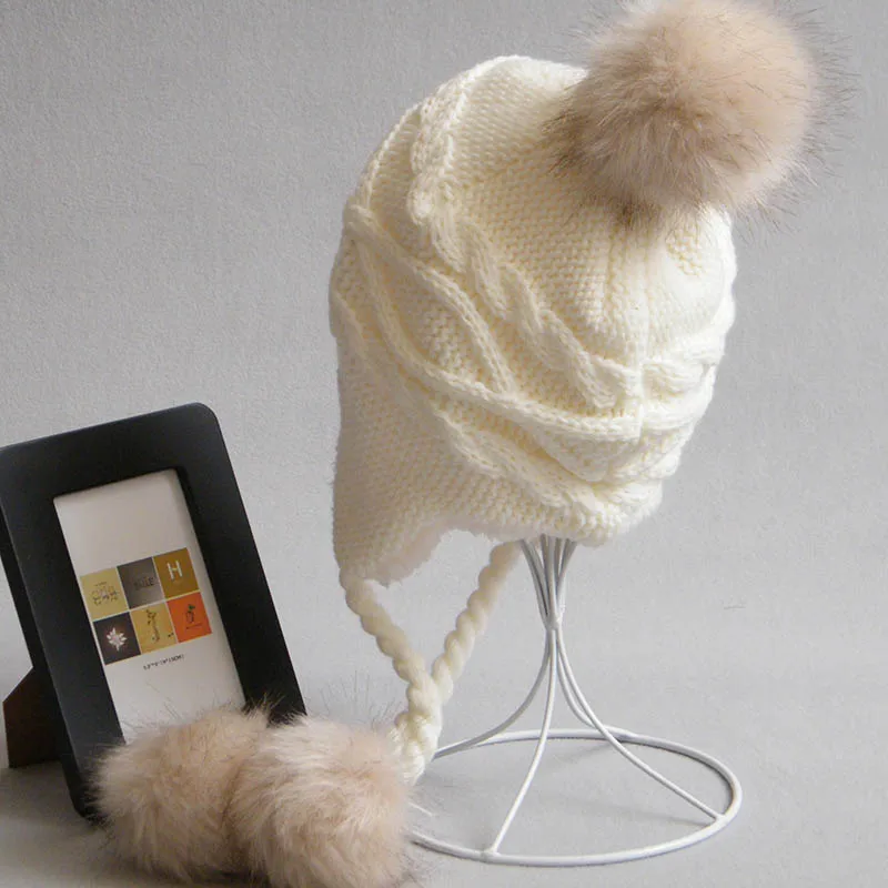 

Cute Thickened Knitted Baby Hat With Pompom Warm Children Beanie Boy Girl Raccoon Fur Ball Kids Ear Flap Cap