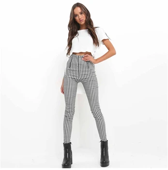 

Women Lady Fashion Plaid Skinny Casual High Waist Leggings Long Pants Pencil Trousers