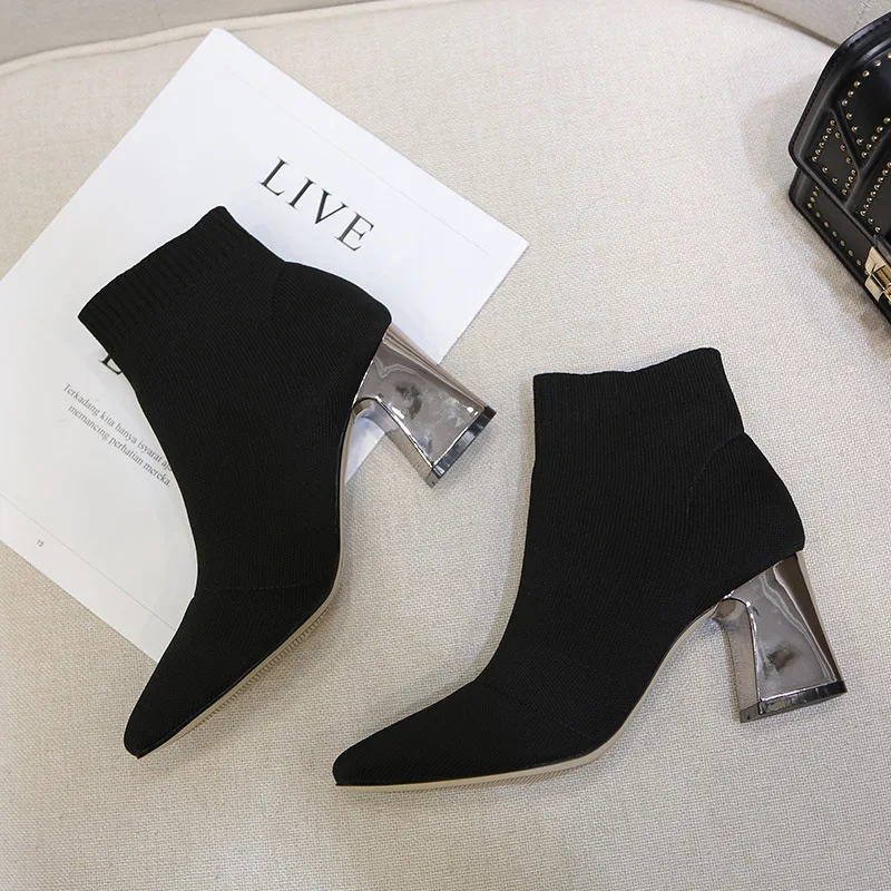 Tanie Moda kobiety zimowe buty czarne śnieg buty kobiety kwadratowe obcasy kobiety Pointed Toe damskie botki skarpety buty Plus rozmiar K 187