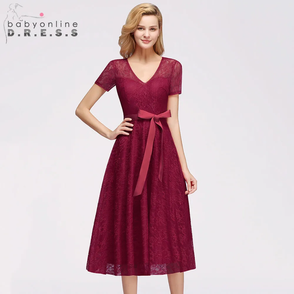 

Burgundy Plus Size 2-26W Short Sleeve Lace Cocktail Dresses Sexy Illusion Short Party Dresses With Sashes Robe De Cocktail