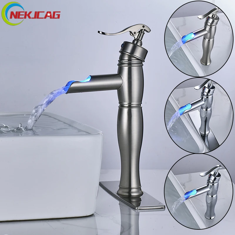 

New Arrival LED Bathroom Basin Faucet Single Handle Sink Faucet Chrome Nickel Hot and Cold Water Mixer Tap with Plate
